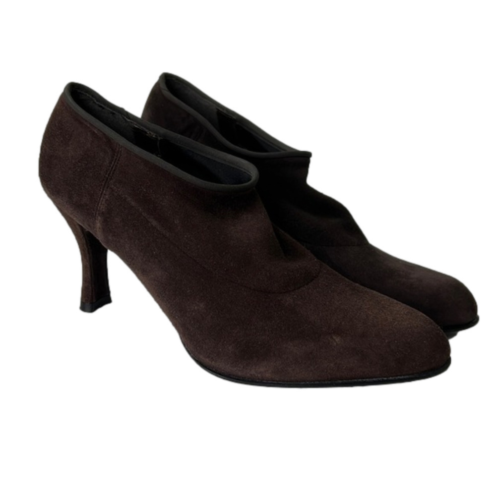 Stuart Weiztman Brown Suede Slip on Kitten heel Bootie